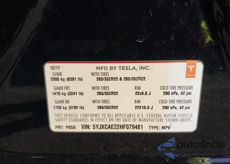 2017 Tesla Model X 100D/75D/90D z USA, uszkodzony, nr VIN 5YJXCAE22HF079481